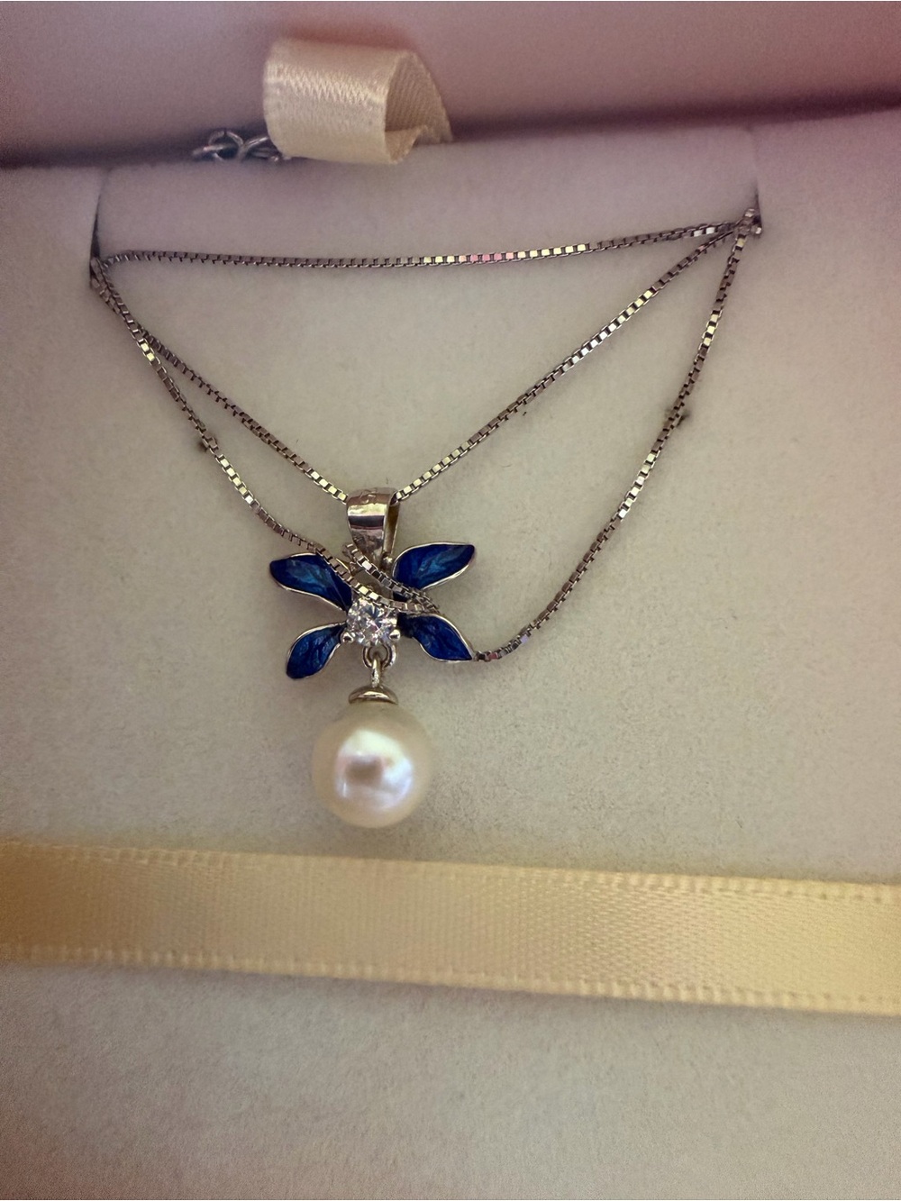 Pearl Drop Necklace with Blue Enamel Petal Pendant